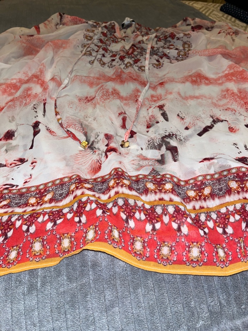 Jennifer Lopez White and Coral Embellished Boho Blouse